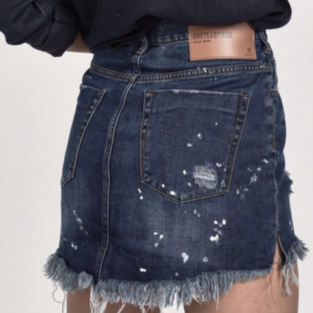ONE TEASPOON NWT 2020 HIGH WAIST DENIM MINI SKIRT BLUE MOON PAINT SPLATTER 29 - Picture 2 of 9